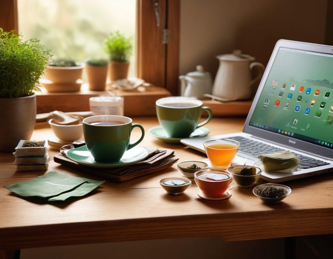 A steaming cup of tea with diverse tea bag varieties surrounding it, including herbal, black, and green teas, set against a cozy wooden table with a laptop and a shopping cart icon on the screen. The background features a softly lit, warm-toned kitchen. vibrant colors. realistic style.